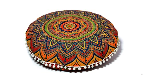 Round Mandala Floor Pillow Cover Seating Cushion Throw Case Hippie Decorative Bohemian Ottoman Pouf Cover, Pom Pom Pillow Cases,Boho Indian 22 Inches (New Blue) - Cosy Home Interiors Round Mandala Floor Pillow Cover Seating Cushion Throw Case Hippie Decorative Bohemian Ottoman Pouf Cover, Pom Pom Pillow Cases,Boho Indian 22 Inches (New Blue)