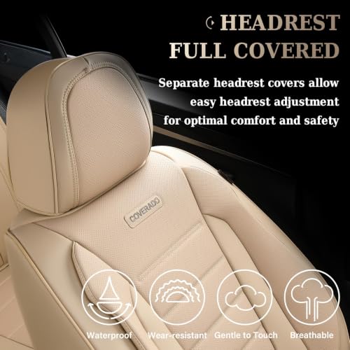Image of Coverado Car Seat Covers Front Seats, Car Seat Cover Beige, Car Seat Protector, Car Seat Cushion Nappa Leather, 2-Pack Waterproof Seat Covers Carseat Cover Universal Fit for Most Cars Trucks
