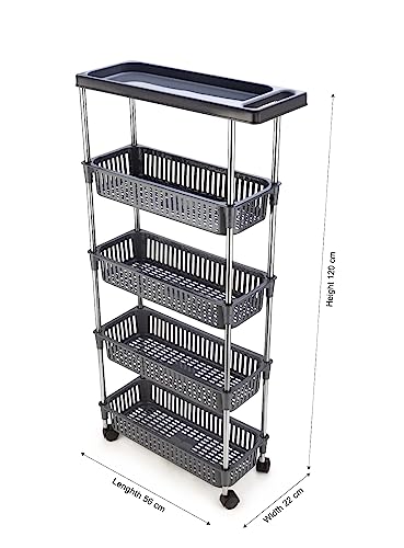 Image of Rasvesh Plastic-Stainless Steel Fruit & Vegetable 4+1 Stand Kitchen Trolley | Fruit Basket | Vegetable Basket | Onion Potato Rack for Kitchen | Vegetable Stand for Kitchen (4+1 Layer Rack)