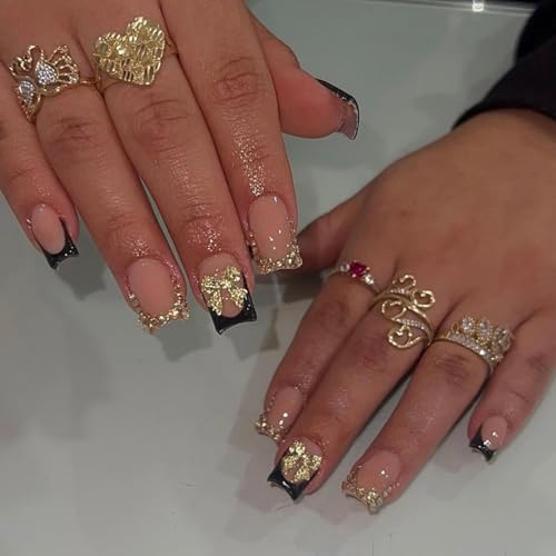 Bow Press on Nails Black French Tip Fake Nails Short Square False...