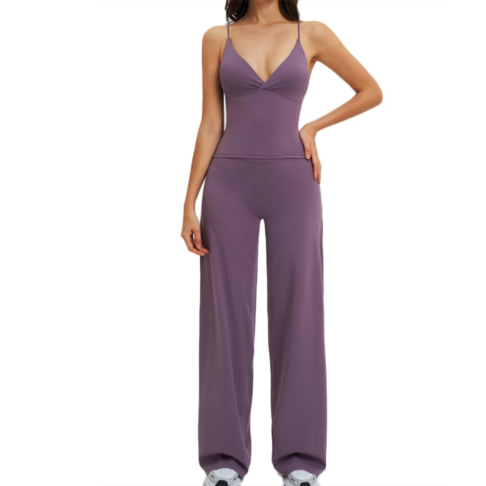 XYFfybhsd Women Wide-Leg Pants Beautiful Yoga Set Casual Running Cycling Fitness Two-Piece Activewear(Size:M,Color:Purple)