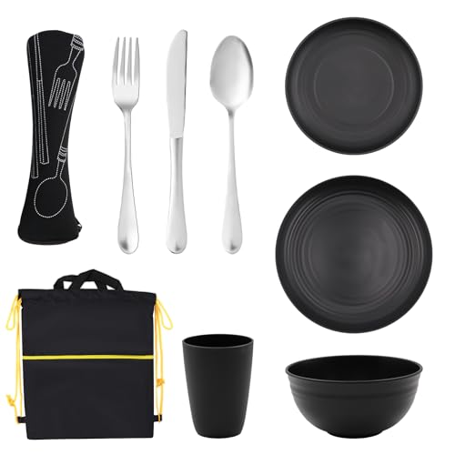 alwaiiz Camping Besteck Set, Campinggeschirr Set Include Leicht Tasse, Schüssel, Teller, und Edelstahlbesteck mit Tasche, Essgeschirr Camping für Picknicks, Reisen und Wandern
