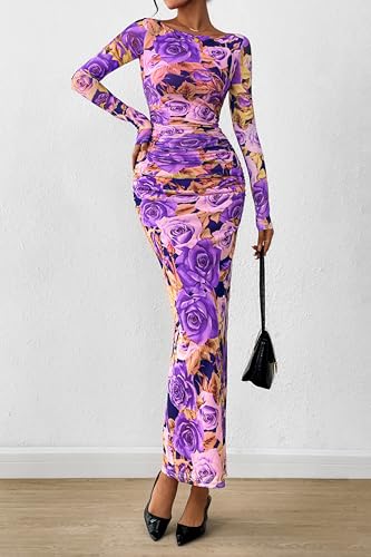 Image of PRETTYGARDEN Women's Long Sleeve Bodycon Dresses 2026 Spring Sexy Floral Mesh Slit Ruched Tight Maxi Wedding Guest Dress