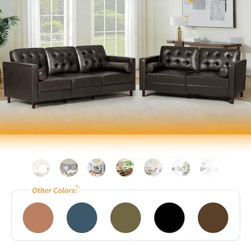 Image of 67 inch Premium Faux Leather 2-Seater Sofa with 2 Bolster Pillows and Tufted Backrest, Mid-Century Modern Loveseat Sofa, Luxury Couch for Living Room, Bedroom, Office, Dark Brown