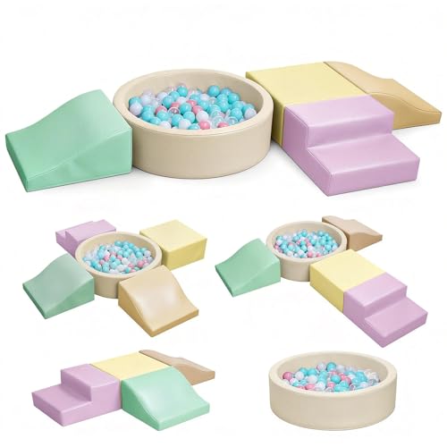 Image of Hoohtoot Foam Climbing Blocks for Toddler: with 4-Piece PU Leather Climbing Toys and a Ball Pit - Foam Ball Pit for Toddlers - Climbing Toys Indoor for Kids Crawling (Yellow Climbing Blocks)