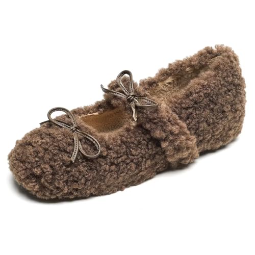 Women Winter Furry Mary Jane Shoes Warm Artificial Lamb Wool Flats Ankle Strap Ladies Indoor and Outdoor Dress Office Bedroom Casual Shoes