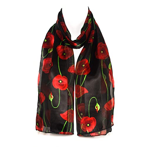 Hat To Socks Poppy Print Floral Chiffon Satin Scarf Ideal for Remembrance Day