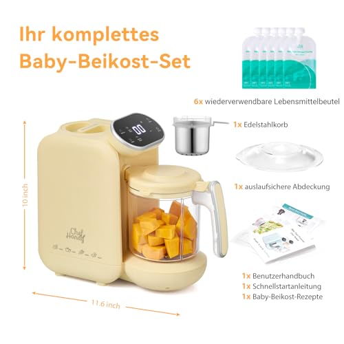 Chefhandy 5-in-1 Babynahrungszubereiter Premium, Multifunktions Babybrei Zubereiter mit Fläschchen Erwärmen, Desinfizieren, Baby Dampfgarer, Brei Maker Mixer, Automatische und Handmodus (Gelb)