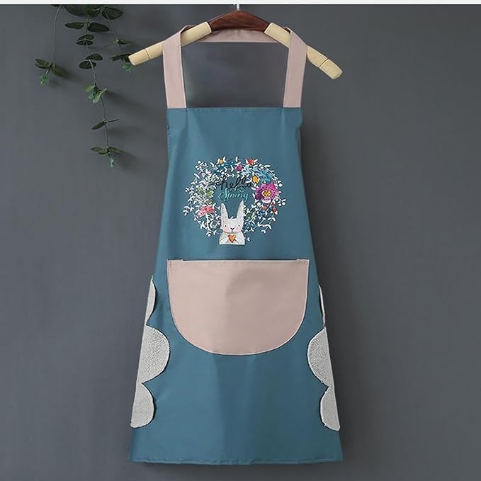 Image of PUJI 1 Pcs Women Kitchen Apron with Hand Wipe Pockts, Big Pocket,Hand-wiping, Waterproof for Cooking Baking,Center Pocket Hand Towel Women and Men (1 Pcs)