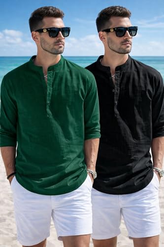 Image of Men's Cotton Blend Straight Kurta Shirt Combo with Mandarin Collar - Slim Fit Casual Short Kurti Set Featuring Textured Slub Fabric and Roll-Up Full Sleeves