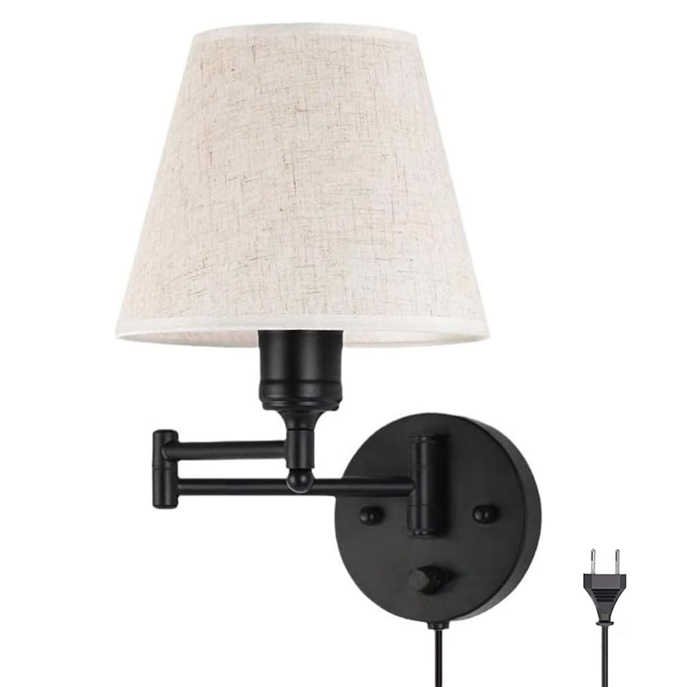 AoLa Wandleuchte Schwarz Metall Vintage Einstellbar Schwenkarm Wandlampe mit Schalter, 1,6 m Kabel mit Stecker, Stoff Schirm, E27 Bettlampe Wand-Leselampe für Wohnzimmer Schlafzimmer Flur,1 Pack