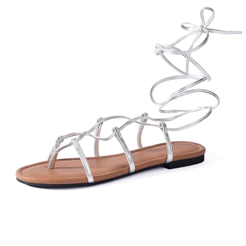 Womens Gladiator Sandals Dressy Summer Roman Strappy Ladies Lace Up Leather Flat Ankle Strap Cute Comfy Casual