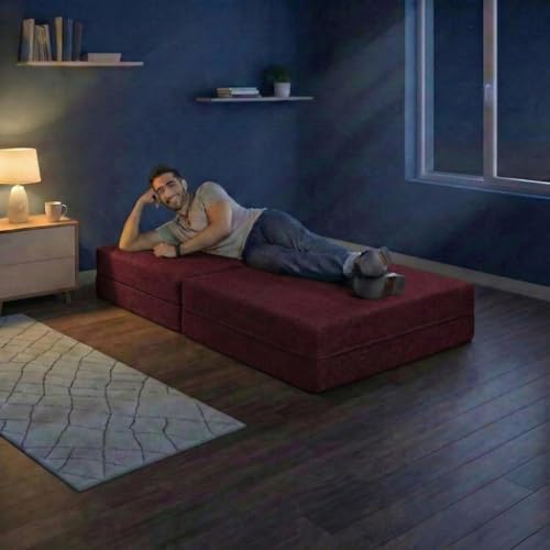 Image of C-Type Sofa Bed 3x6 Ft with Pouffe - Jute Fabric Convertible Floor Sofa Cum Bed with Wide Arm Support for Living Room & Guest Room, Office - Red Color