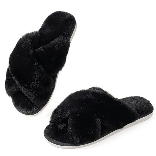 Image of Ankis Women's Fuzzy Slippers Cross Band Memory Foam Open Toe Comfy Soft House Shoes Anti-Slip Indoor Outdoor Gifts for Women