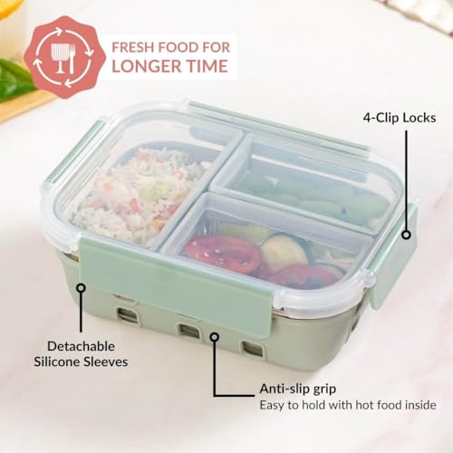 Image of Nestasia Glass Lunch Box with Silicone Sleeve (1000ml) - Borosilicate Glass Lunch Box with 3 Compartments for Office | Microwave & Freezer Safe, Leak-Proof Tiffin Box with Clip Locks (Green)