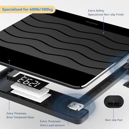 Homebuds Amazing 600lb Smart Bathroom Scale for Body Weight in 0.1lb, Scale Professional Factory Since 2001, 12.4x12.4in Large Platform by Extra Thick 8mm Non-Slip Tempered Glass, LED, 3xAAA, Black