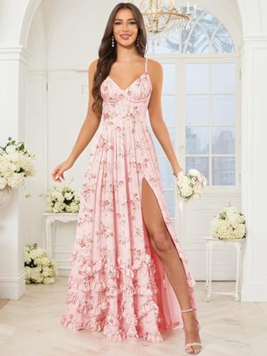 Spaghetti Straps Floral Ruffle V-Neck Bridesmaid Dresses for Women Long Corset Formal Evening Maxi Dress2