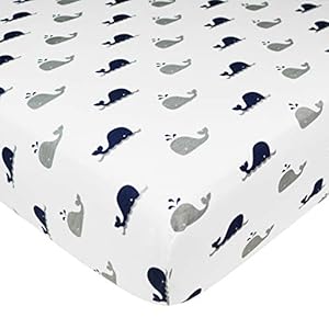 YYST American Baby Company Printed 100% Cotton Jersey Knit Fitted Crib Sheet for Standard Crib & Toddler Mattresses, Navy Whale, for Boys & Girls, 52x28x9 Inch (Pack of 1)