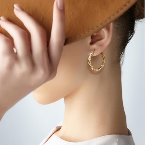 ENROSE Gold Hoop Earrings 14K Gold Earring for Women Twisted Large Hoop Earrings Minimalist Diamond Earring Jewelry 29mm*4mm3