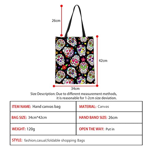Dolyues Colorful Skull Canvas Shoulder Bag School for Women Men Large Capacity Handbag Tote Bag Foldable Reusable Shopping Bag for Grocery - Image 2