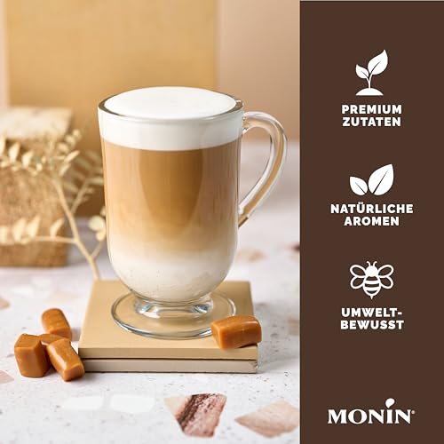 Monin Sirup Karamell (1x0,7l) - für Kaffeegetränke und Desserts - Karamellgeschmack - für Cocktails - Aromatischer Karamellsirup für Schaumige Latte und Backkreationen