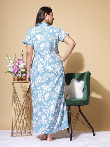 Image of 9shines Label Stylish Cotton Nighty Robe for Women | Front Open Floral Housecoat | Wrap Nighty with Pocket | Adjustable Waist Tie | Plus Size Housecoat (HC-2026)