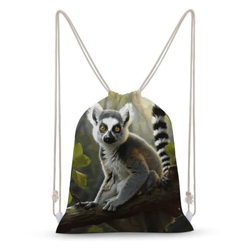 Tailed Lemur Drawstring Backpack - Canvas Sports Gym Sackpack, Lightweight String Bag for Beach & Travel