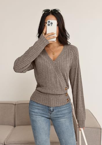 OFEEFAN Long Sleeve Shirts for Women Surplice V Neck Wrap Top Fall Sweaters - Image 4
