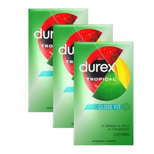 Durex Tropical Flavored Condoms, Natural Rubber Latex Lubricate Condoms for Men, Exciting Banana, Apple & Strawberry Tasty Flavors 12 Count (Pack of 3)