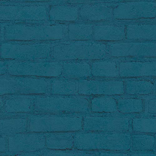 Papier peint brique bleu industriel | Papier peint bleu pétrole intissé & vinyle 374144 | Papier peint salon & chambre | Papier peint brique