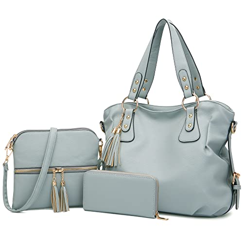 Image of Qiyuer Slouchy Handbag for Women Shoulder Bag Hobo Purse Wallet Set 3pcs | Curved Lines Butter Soft Vegan Leather Spacious Decent Size for Daily Use Matching with a Small Wallet and a Crossbody Bag