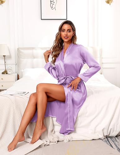 Image of Ekouaer Satin Robes for Women Long Sleeve Silk Bathrobe Soft Lightweight Full Length Sleepwear Bridesmaid Wedding Party Robes