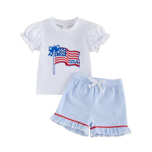 Summffie Toddler Baby Girl Summer Clothes Short Sleeves T-Shirt Tops and Ruffled Shorts Set Cute Summer Outfits 2Pcs (American Flag Embroidery White, 18-24 Months)