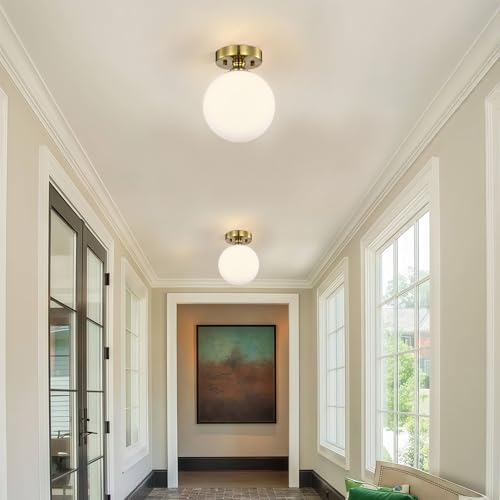 Image of Alighting Gold Semi Flush Mount Ceiling Light, 7 inch Opal Glass Globe