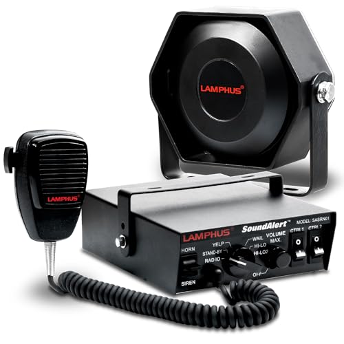 LAMPHUS SoundAlert 12V 100W Police Siren PA System Kit [Slim Speaker] [118-124dB] [Handheld Microphone] [Hands-Free] Warning Emergency Siren for Vehicles Tow Truck UTV ATV Van Car POV RV