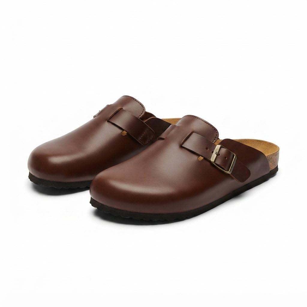 costoso italiano Men's Brown Leather Buckle Clog Mule with Rubber Sole-picture-18