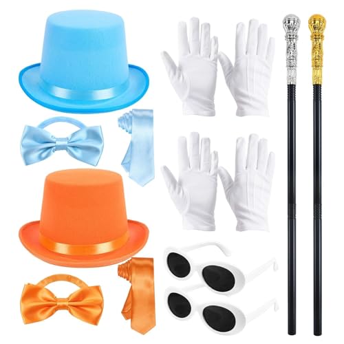 APUDWN 12 PCS Halloween Orange and Blue Costume for Women Adult with Hats Ties Bow Ties Gloves Glasses and Staffs Classic Duo Cosplay Outfit for Party School Events Group or Couple Dress Up