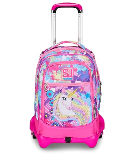 SJ Gang Trolley Scuola Jack 3 Ruote Rosa Unibraid 3 in 1 Triplo Uso Zaino Con Carrello Sganciabile Tasca Porta Borraccia e Crossover System Viaggio Bambina Ragazza