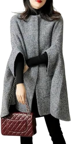 Zunlethian Las Mujeres Elegante Capa de Cuadros otoño y el Invierno de Moda Casual Capa Suelta Abrigo versión Coreana de la Moda de Cuello Redondo Capa de Tweed (Gris,XL)