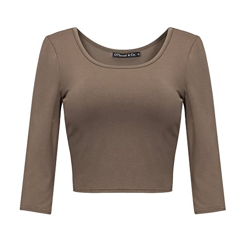 OThread & Co. Women's Crop Tops Basic Stretchy Scoop Neck 3/4 Sleeve T-Shirt (Large, Coffee)
