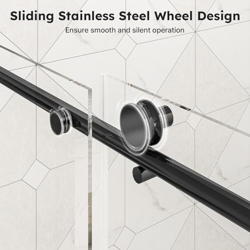 Image of Zevemomo Frameless Shower Door, 56 inch-60 inch W x 76 inch H Sliding Glass Shower Door, 1 /4 inch (6mm) Thick Tempered Clear Glass, Explosion-Proof Film Shower Doors, Black