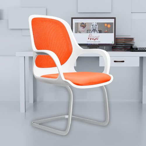 Image of ROSE Zaria | 3 Years Brand Warranty | Ergonomic mesh mid-Back Office Chair, Perfect for Study, Work from Home, revolving, Rolling Computer Desk Chair (White & Orange, Visitor)