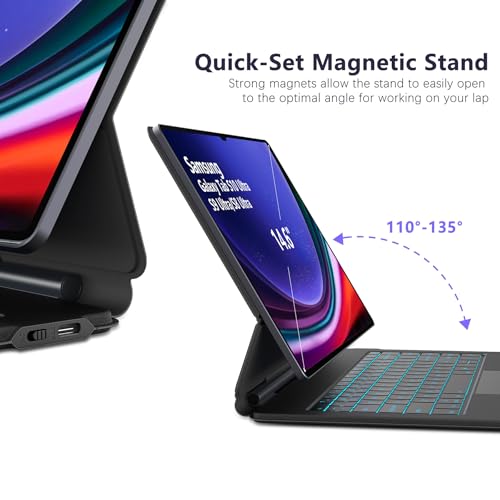 for Samsung Galaxy Tab S10 Ultra/S9 Ultra/S8 Ultra 14.6″ Keyboard Case, Magnetic Floating Stand, 3-Level 7-Color Light Backlit Keyboard with Trackpad,Dex Mode, Matte Black