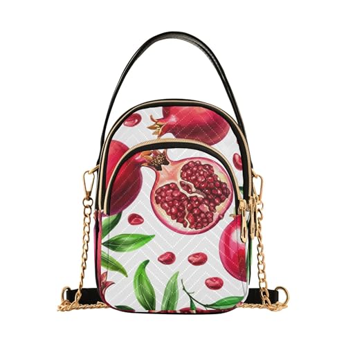 One Shoulder Purse Women Cartoon Chain Strap Cell Phone Handbag Quilted Zipper Ladies Clutch Satchel Red Fruits Watercolor Pomegranates