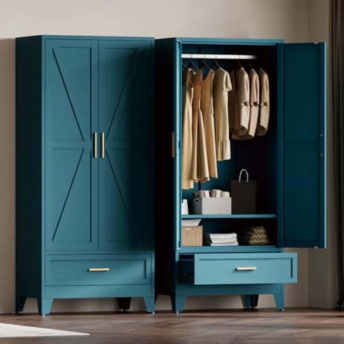 Image of Blue Metal Wardrobe Closet for Bedroom, 71 inch Freestanding Armoire Wardrobe with Drawer and Shelf, Hanging Rod Clothing Storage Cabinet with Two Doors, Tall Farmhouse Clothes Cabinet Bedroom Armoires
