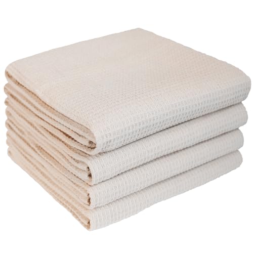 PY HOME & SPORTS Dish Towels Set - 4 Pieces 17 x 25 Inches Khaki 100% Cotton Waffle Weave Kitchen Towels, Absorbent Kitchen Hand Dish Cloths for Cleaning and Drying