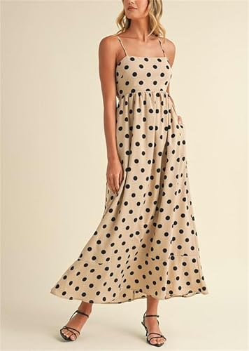 Image of Yuemengxuan Boho Maxi Dresses for Women Spaghetti Strap Flowy Smocked Long Dress Casual Summer Vacation Beach Maxi Dress