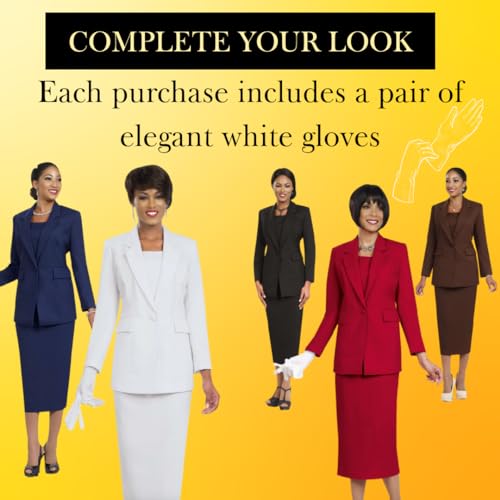 Women Two-Piece Skirt Suit Set | Business Skirt with Long Sleeve Jacket and Gloves for Church Groups by Ben Mark | BM22953