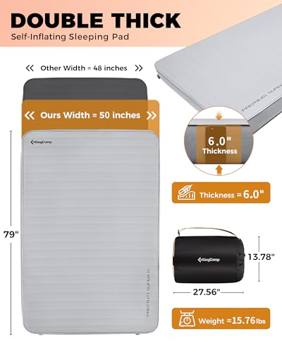 Image of KingCamp Self Inflating Sleeping Pad, 6 inch Ultra Thick R 15.5 Air & Foam Camping Mattress 2 Person, Full Size Double Sleeping Pad for Camp Tent Outdoor Car, PVC Free, Grey