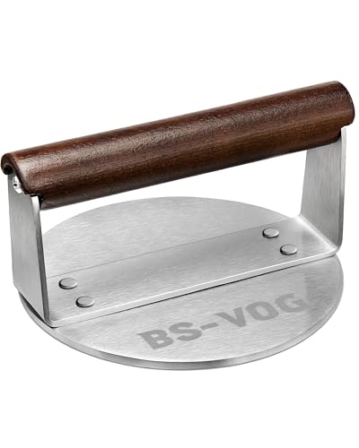 BS-VOG Burgerpresse Schwergewicht mit Holzgriff, 15,24 cm Edelstahl Burger Smasher, Smashed Hamburgerpresse Grill Presse für Fleisch, Patty, Steak, Speck, Geschenkpaket